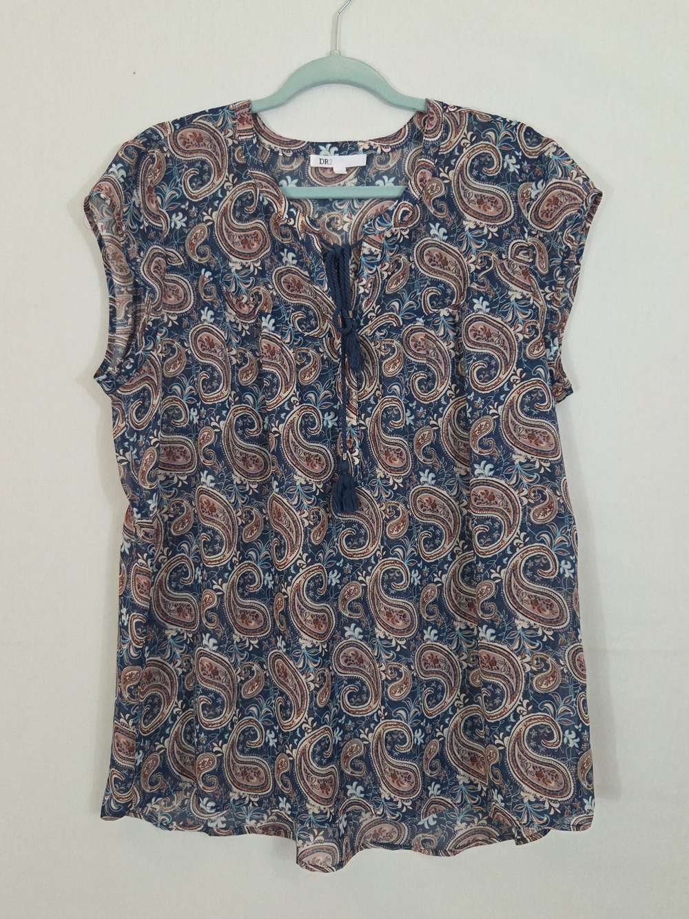 Blue Paisley Tie-Front Cap Sleeve Top by DR2